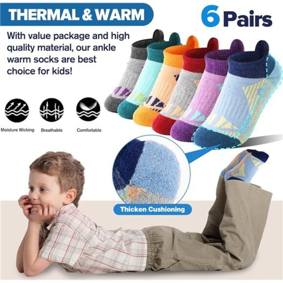 6 Pairs Kids Merino Wool Ankle Socks Thermal Thick No Show Socks - Picture 5 of 7